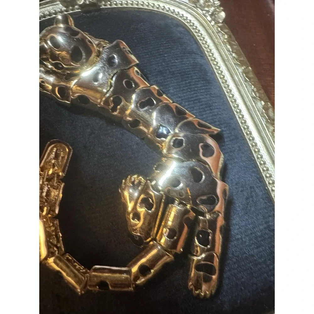Vintage Articulated Panther Leopard Brooch Gold Tone Green Eyes Statement Jewelr